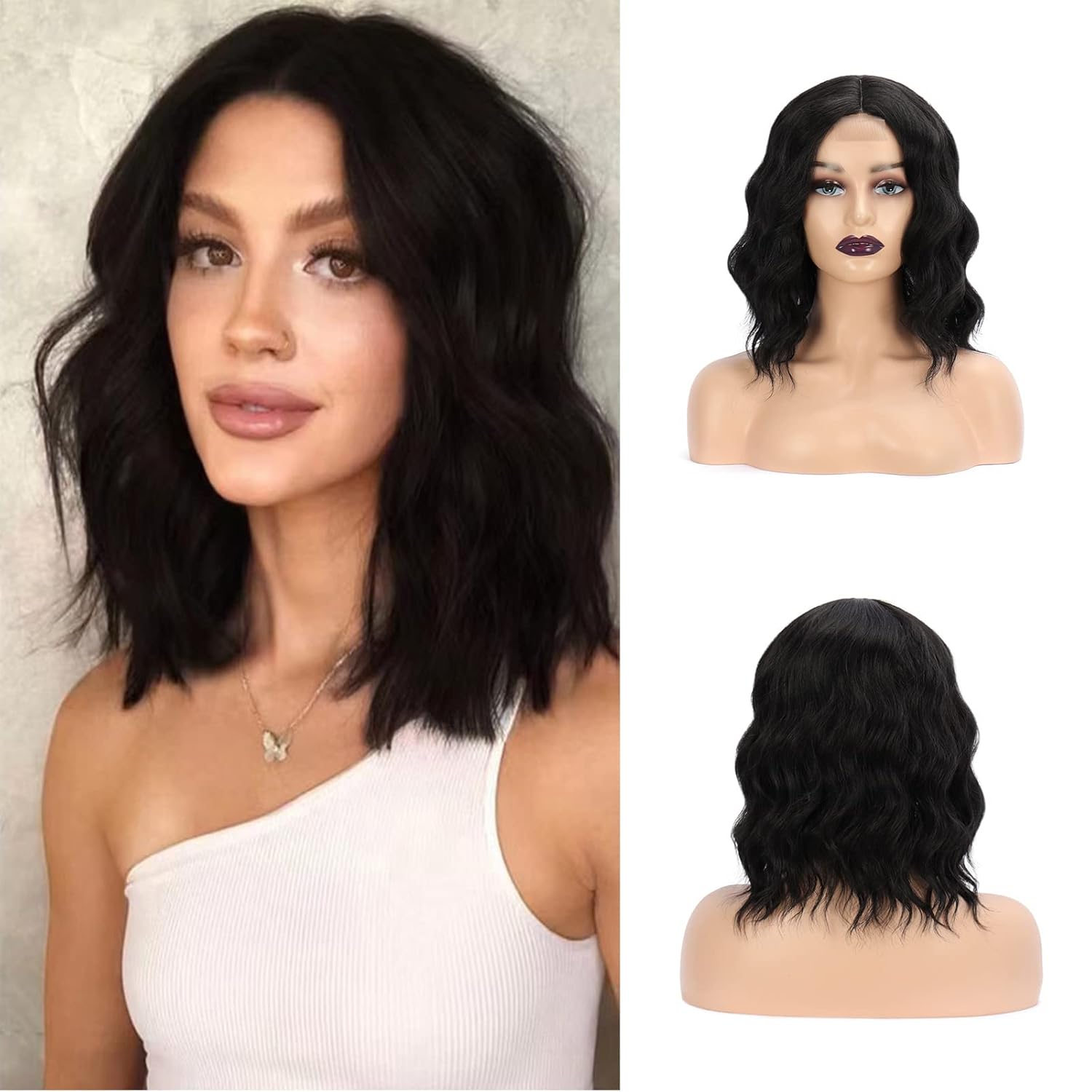 Lametope Short Bob Wavy Curly Synthetic Lace Front Wigs