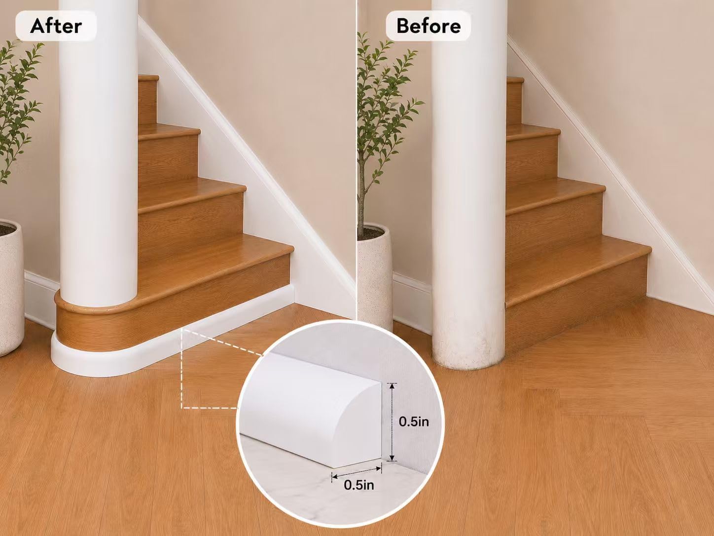 Flexible Quarter Round Molding 32 FT,Flexible White Rubber Trim,Self-Adhesive Rubber Quarter Round Trim 1/2" D——Stick Molding for Floor Edge, Wall Corner, Stairs, Cabinet & Tub, White