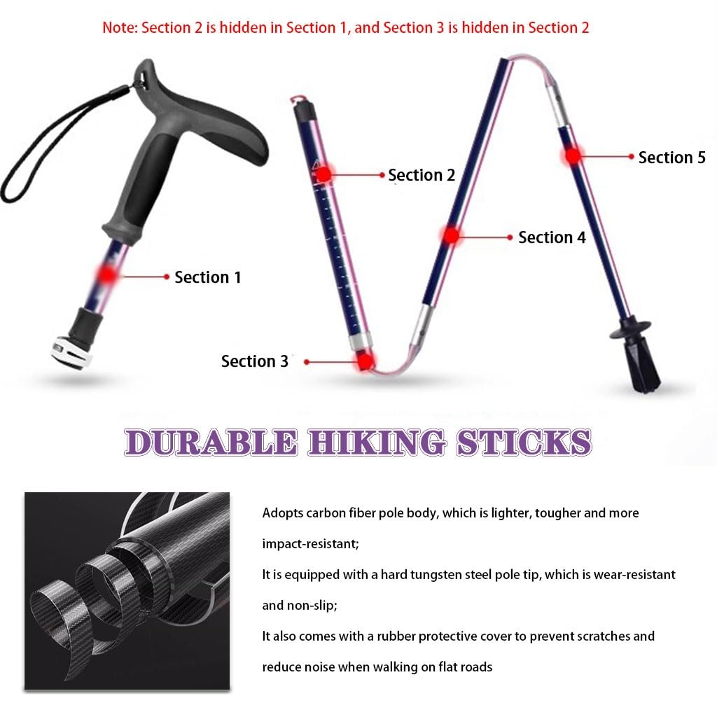 Bastones De Trekking Ultraligeros De Fibra De Carbono, con Sistema De Bloqueo De Perilla, Bastones De Trekking Plegables Y Compactos, Bastones De Trail Running para Principiantes