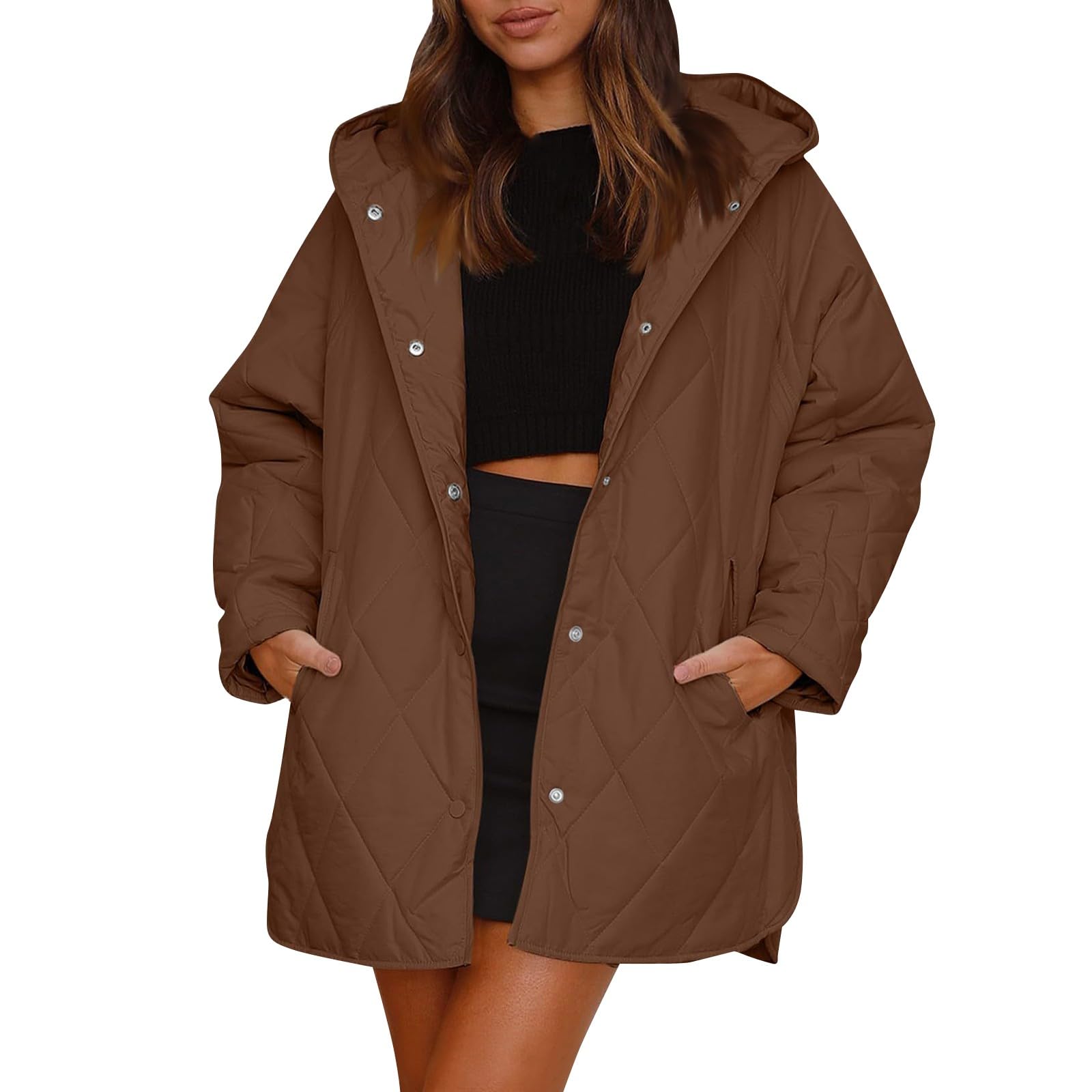 Generisch Damen Steppjacke mit Kapuze Lang Winterjacke Warm Übergangsjacke