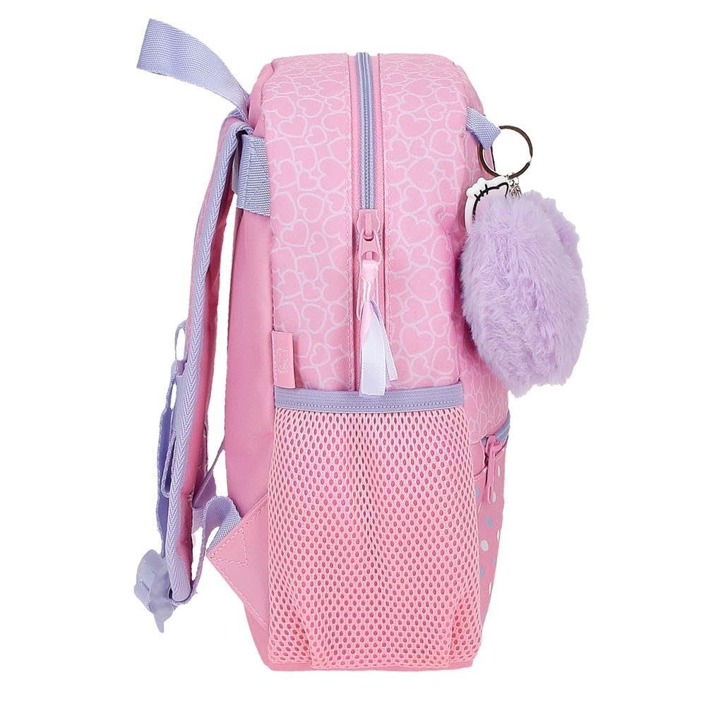 Sac à dos d'école Hello Kitty Hearts & Dots, sac à dos rose pour enfant, en polyester, compartiment principal avec poche intérieure, bretelles larges, ergonomiques et rembourrées.