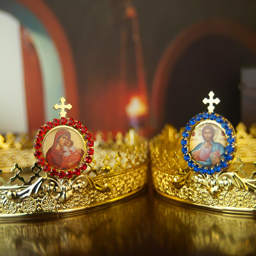 Zestaw ortodoksyjnych koron chrześcijańskich – wykwintna religijna ozdoba na głowę ze stopu cynku z czerwonym i niebieskim dwukolorowym wzorem na ceremonie, wydarzenia kościelne i dekoracje