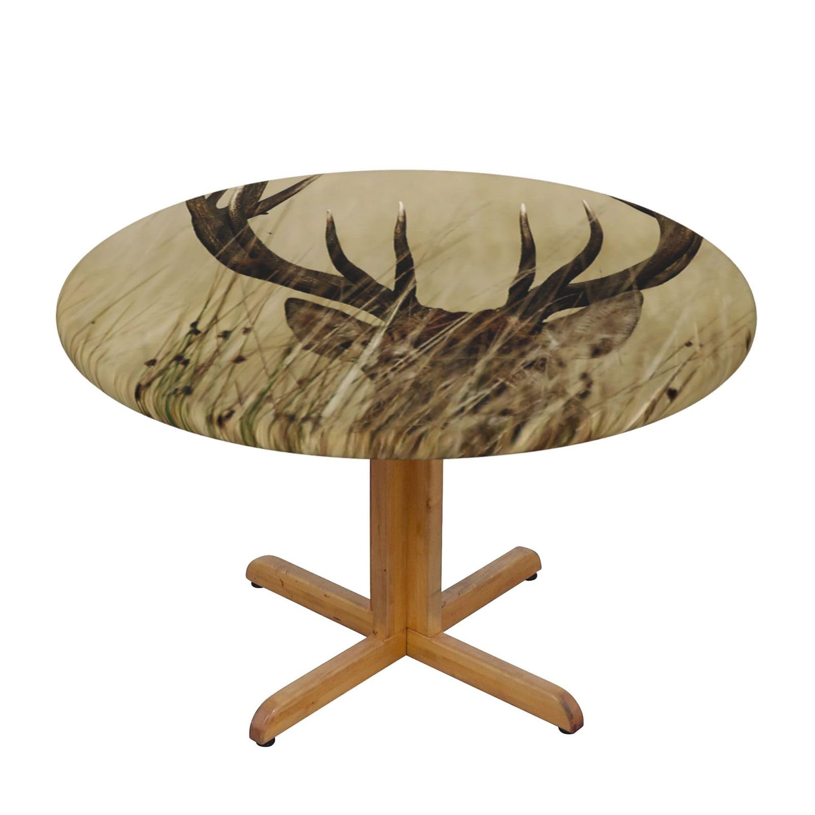 BNVSADC Whitetail Deer Fawn in Wilderness Stag Printed Round Tablecloth with Elastic Edged, M(138CM Diameter), Kitchen Water Resistant Fabric Table Cloth Dining Table Decoration Table Covers