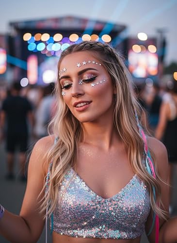 Miniatura 4 de Wosois Calcomanías de cara de cristal, gemas de sirena, brillantes, calcomanías temporales, accesorios de fiesta rave para mujeres y niñas (B)