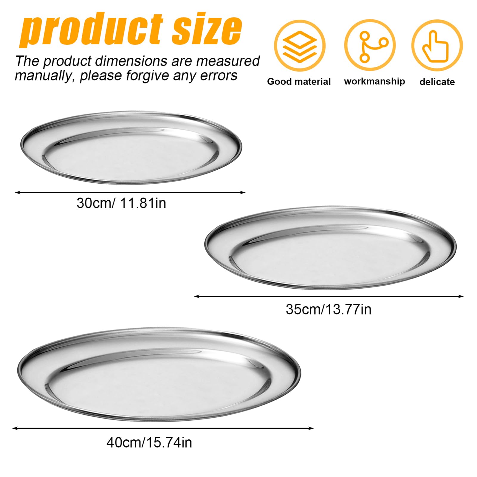 3 piatti da portata in acciaio inox, ovali, lucidati, per snack, contorni, carne alla griglia, verdure e pesce, dimensioni 30 cm, 35 cm, 40 cm