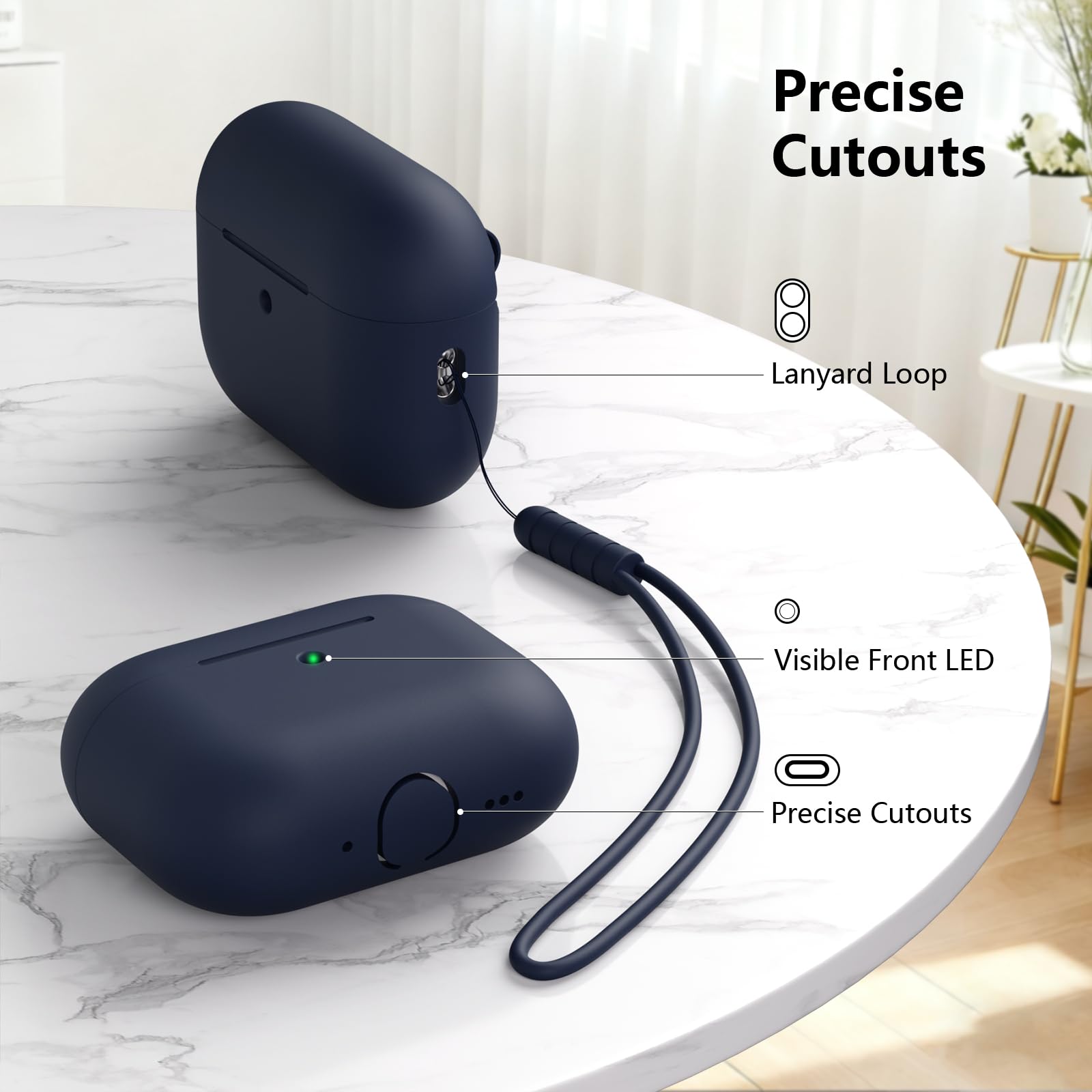 Coque Étui Protecteur Compatible avec Airpods Pro 3ᵉ Génération, Protection Complète, Housse en Silicone Etui pour AirPods Pro 3 avec Lanière, LED Avant Peut être Visible, Midnight Blue - 5