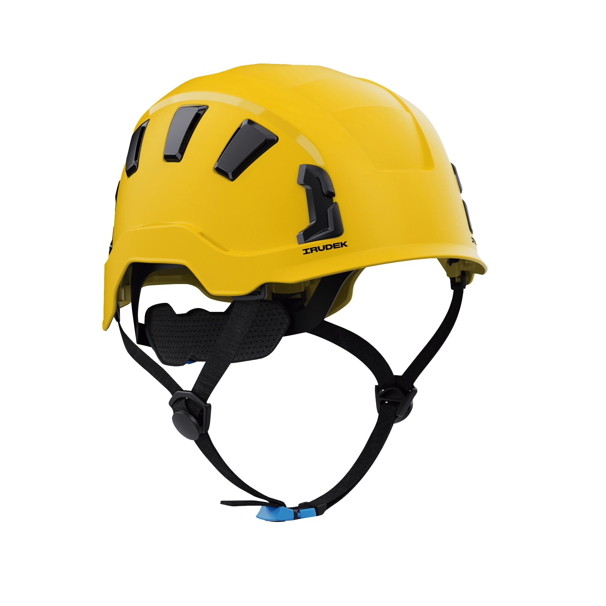 Irudek OREKA II Vent Amarillo – Casco ventilado para Trabajos en Altura, ABS Ultraligero, barboquejo Ajustable, Ranuras universales 30 mm, Chip NFC Integrado, Certificado EN 397 y EN 12492