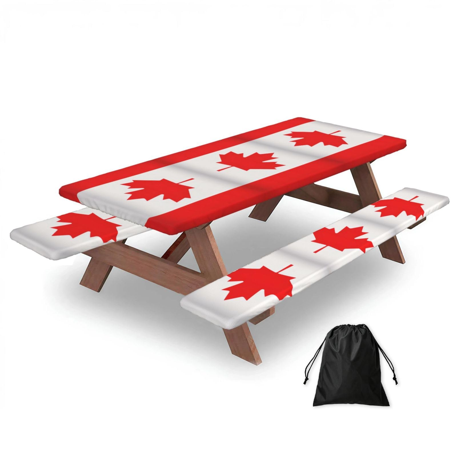 Duwaa Black Canadian Flag Print 183Cm Picnic Table Cover With Bench Covers, Waterproof Elastic Tablecloth Set For Outdoor