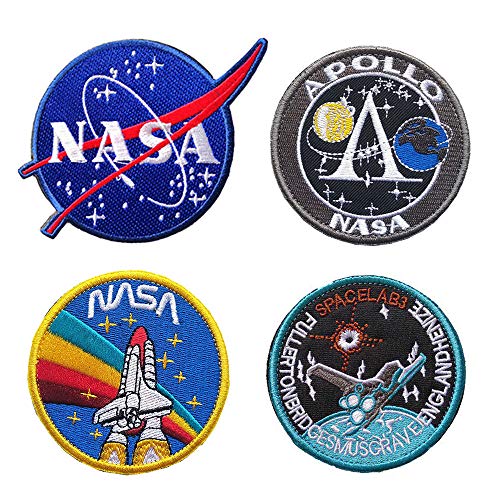 4 Stile Premium NASA Patches mit Haken und Schlaufe Rückseite für Jacken und Taschen, Stickerei-Patches Set für Armband, zum Aufnähen auf Weltraum-Patches für Kleidungs, 7,9 cm