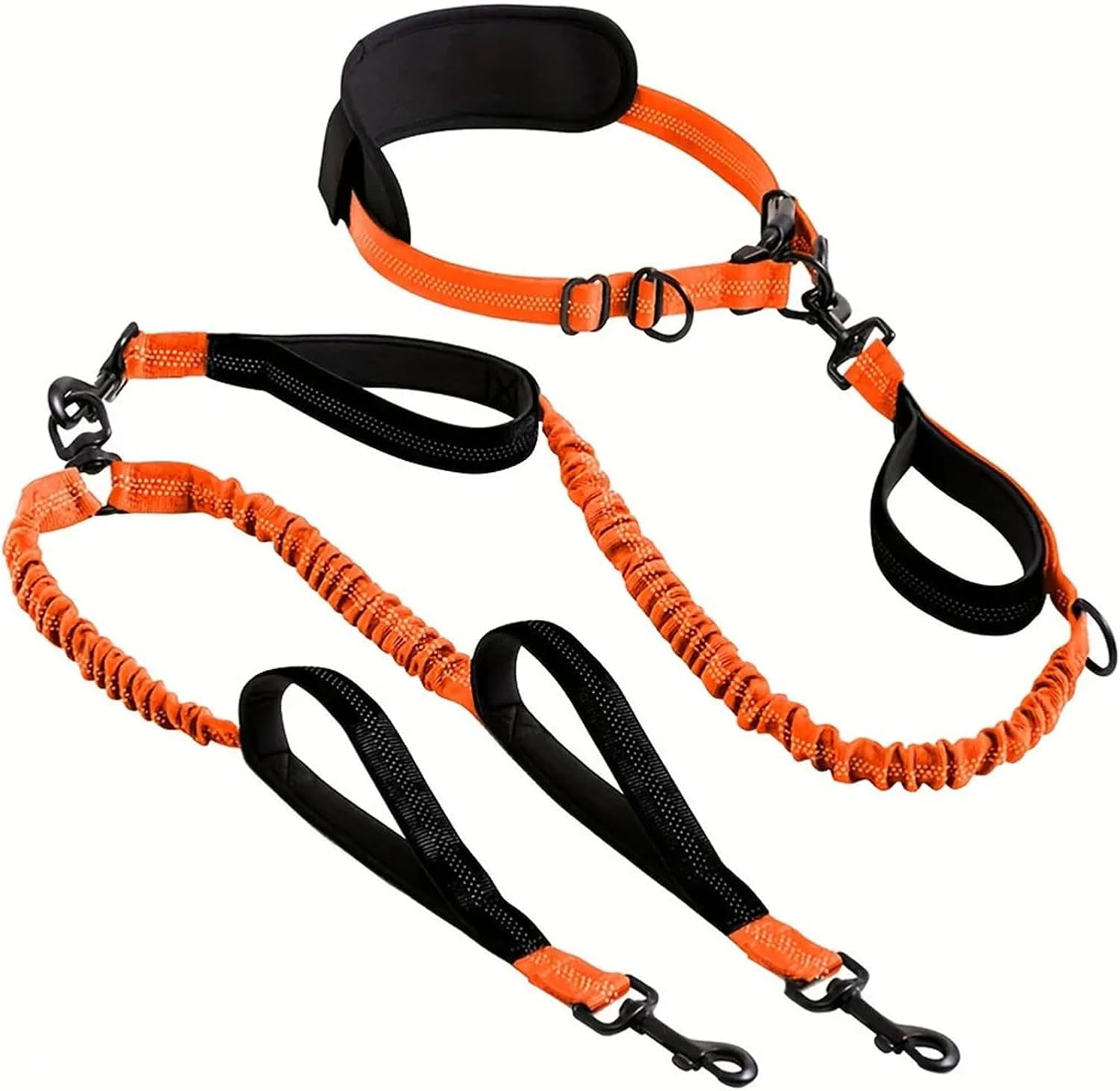 Two Dog Leash with Waist Belt Padded Handles Double Dogs Collar Leashes ，Compatible for Small Medium Large Jogging Running Walking(Orange Black)