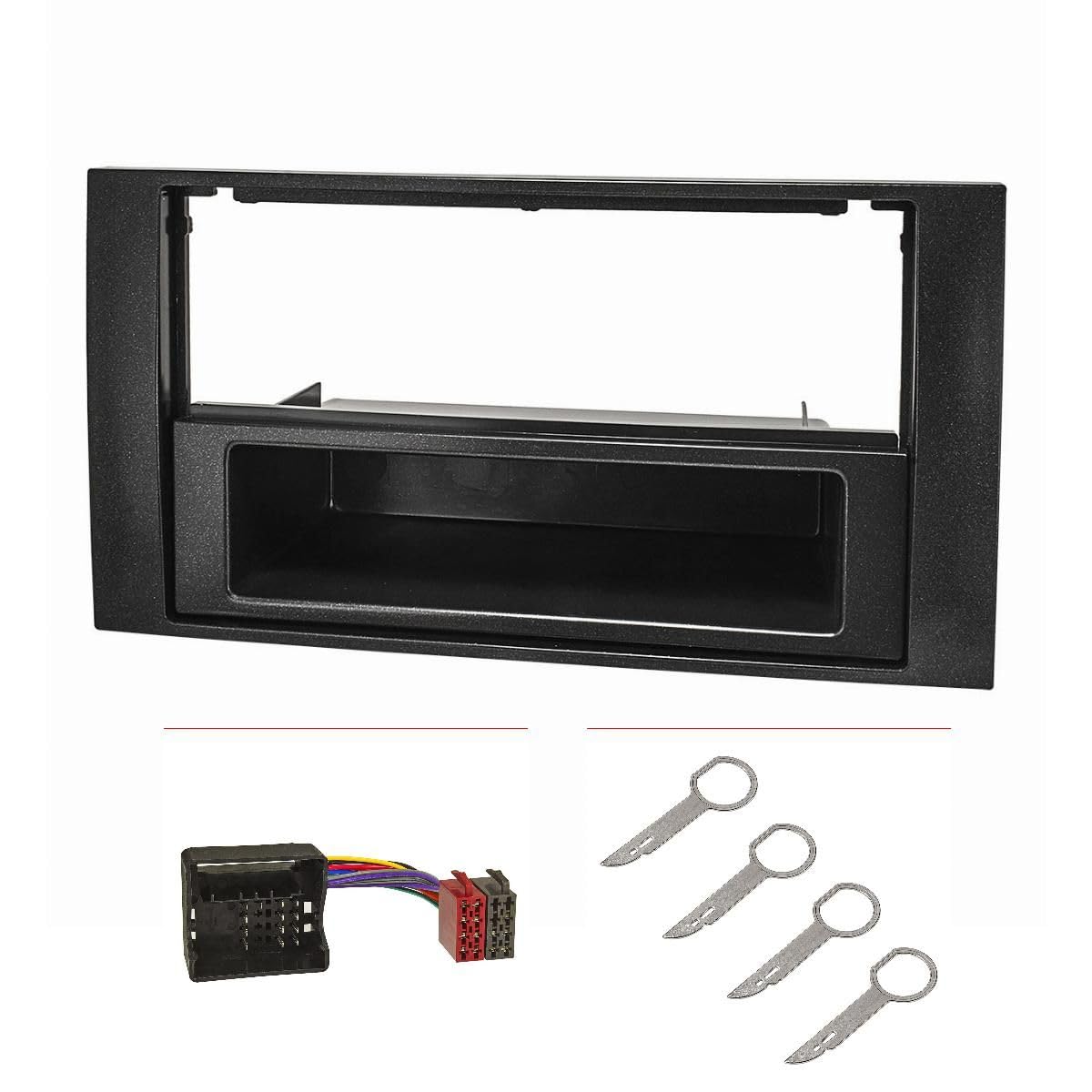 tomzz Audio 2415-041 Radioblende Set kompatibel mit Ford Focus 2 Fiesta C-Max S-Max Galaxy Mondeo Kuga Transit schwarz mit Quadlockadapter ISO Entriegelungsbügel