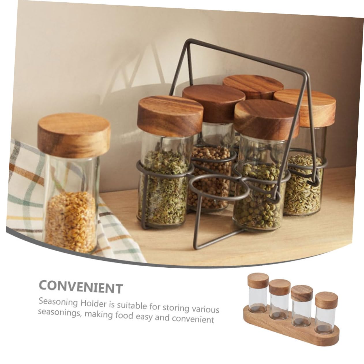 Contenitore in Vetro per Spezie con Coperchio in Legno di Acacia e Vassoio Barattolo Ermetico per Condimenti Design Compatto e Resistente per Cucina e Barbecue all Aperto