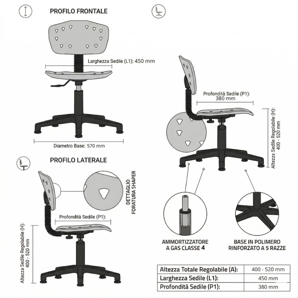FITEX Sedia Operativa DIAMOND Ergonomica in PP Rinforzato Forato con Piedini in Gomma, per Ufficio, Smart Working e Studio - CE Made in Italy - Grigia