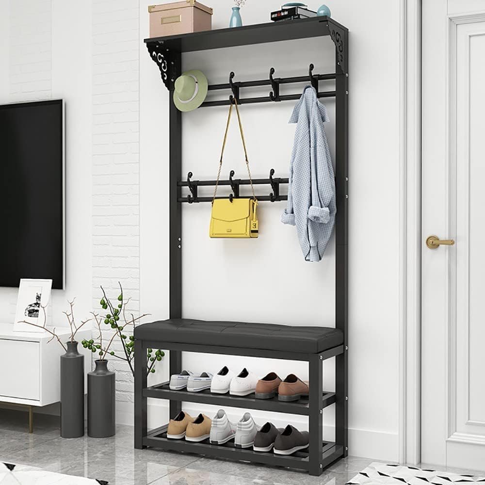 MYUYEE Metal Shoe Rack Shoe Rack With Seat Coat Rack Clothes Rack Upholstered Bench For The Entrance Area For Entrance Area Hallway Living Room(B-80Cm)
