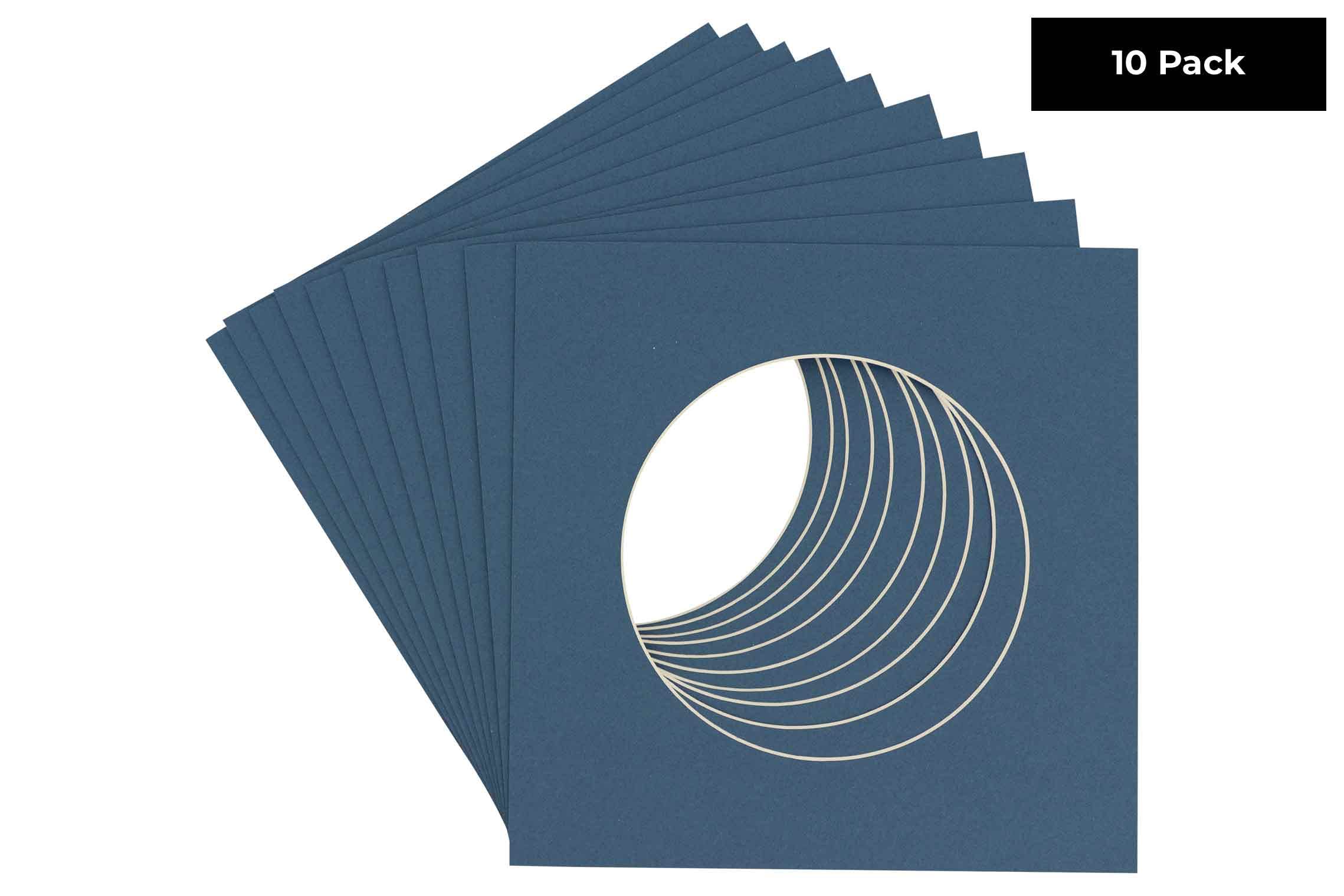 12x12 Mat Bevel Cut for 8x8 Photos - Precut Steel Blue Circle Shaped Photo Mat Board Opening - Acid Free Matte to Protect Your Pictures - Bevel Cut for Family Photos, Pack of 10 Matboards Show Kits