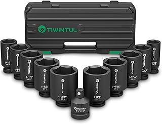 TIWINTUL 11Pcs Axle Nut Socket Set, 1/2 Drive SAE Impact Socket Set 15/16 to 1-3/4, CR-MO 3/4 to 1/2 Adapter, 6-Point Desi...