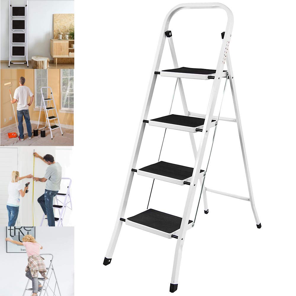 4 Step Ladder- Folding Portable Stepladder - 330Lbs Load Capacity, Extra Large Steps Support with Non-Slip Moulded Rubber Mat Idea for Home/Kitchen/Garage