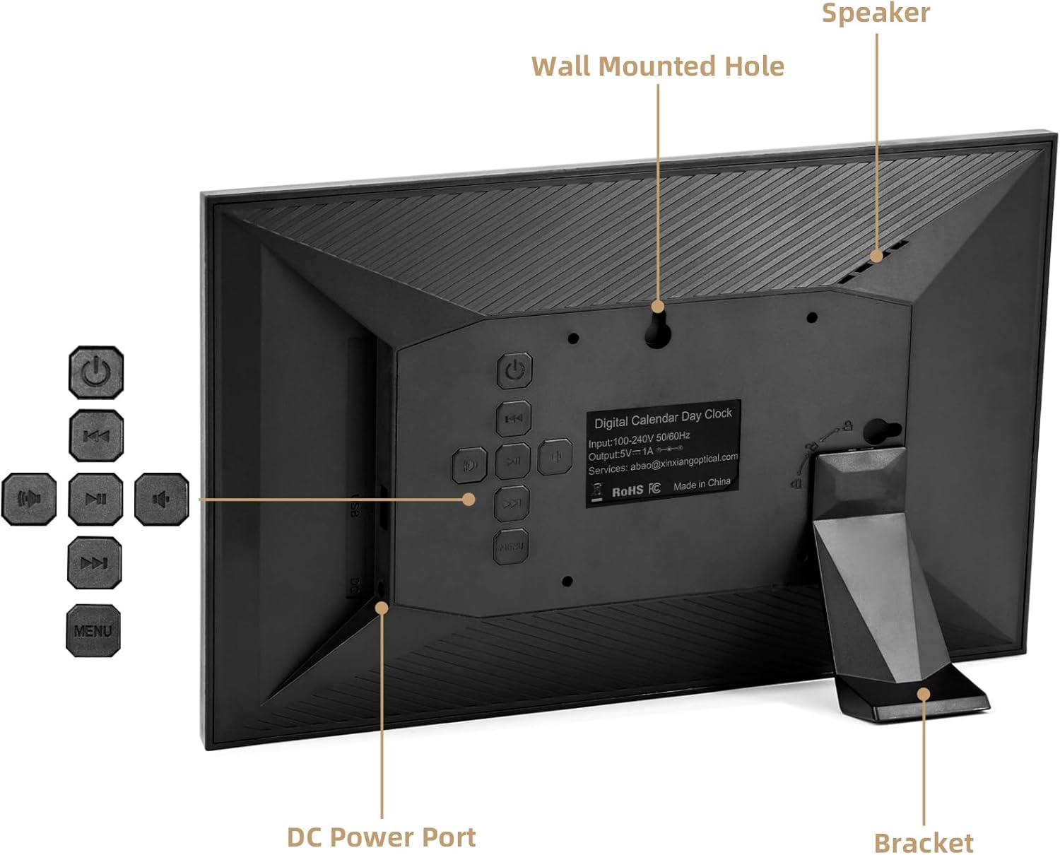 Rear view of Bgift DC810 Digital Calendar Alarm Clock showing ports and controls