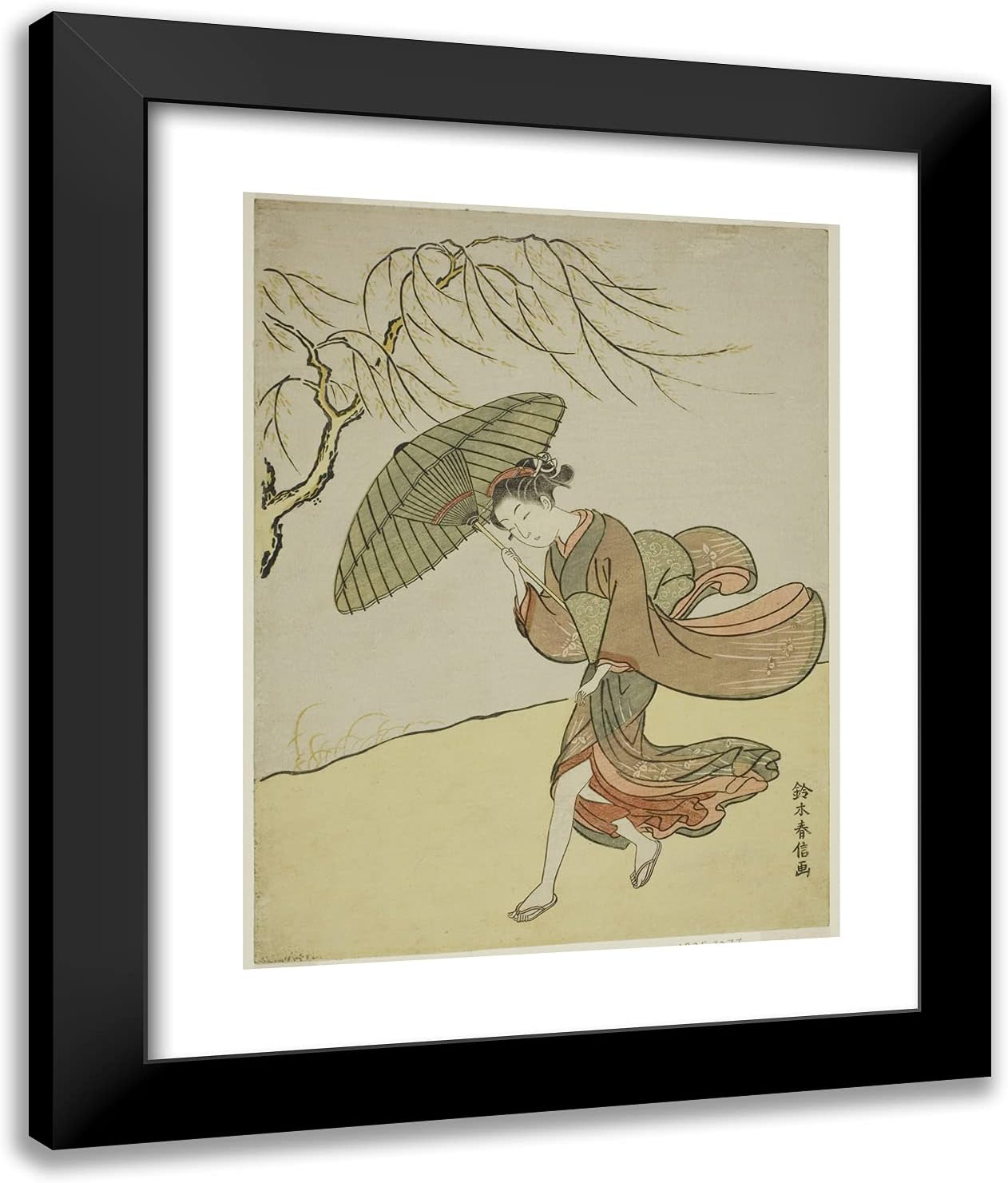 ArtDirect Suzuki Harunobu 20x24 Black Modern Framed and Double Matted Art Print Titled A Windy Day