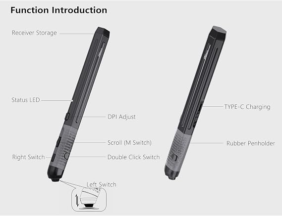 Plima Pocket Pen Mouse - Ergonomic Wireless Optical Mouse with 2.4G & Bluetooth 5.0 Reduce Wrist Strain & Carpal Tunnel Portable Stylus-Grip Design for Laptop, iPad, Mac & Windows (Black)