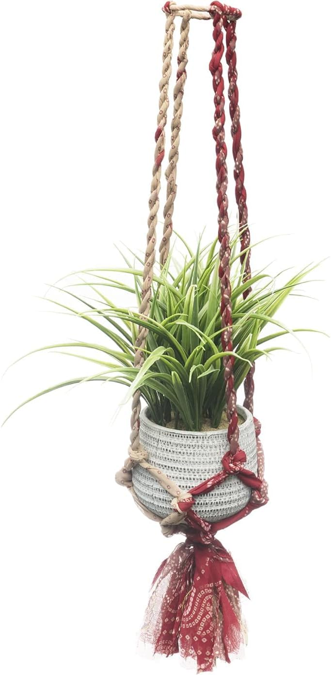 Matr Boomie Upcycled Assorted Muliticolor Sari Fabric Macrame Plant Hanger Indoor Hanger with Tassels, Boho Home Decor 24 Inch, Holds 6" Pot (Pot not Included, Colors Vary) (3)
