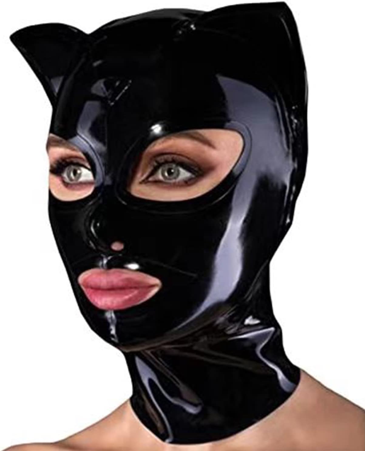 Black Latex Hood with Cat Ears Back Zipper Open Eyes Mouth Rubber Mask Cosplay Club Wear Costume