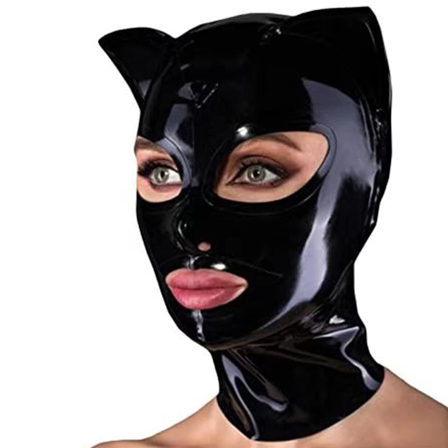 SecondSkin Black Latex Hood with Cat Ears Back Zipper Open Eyes Mouth Rubber Mask Cosplay Club Wear Costume (Large)
