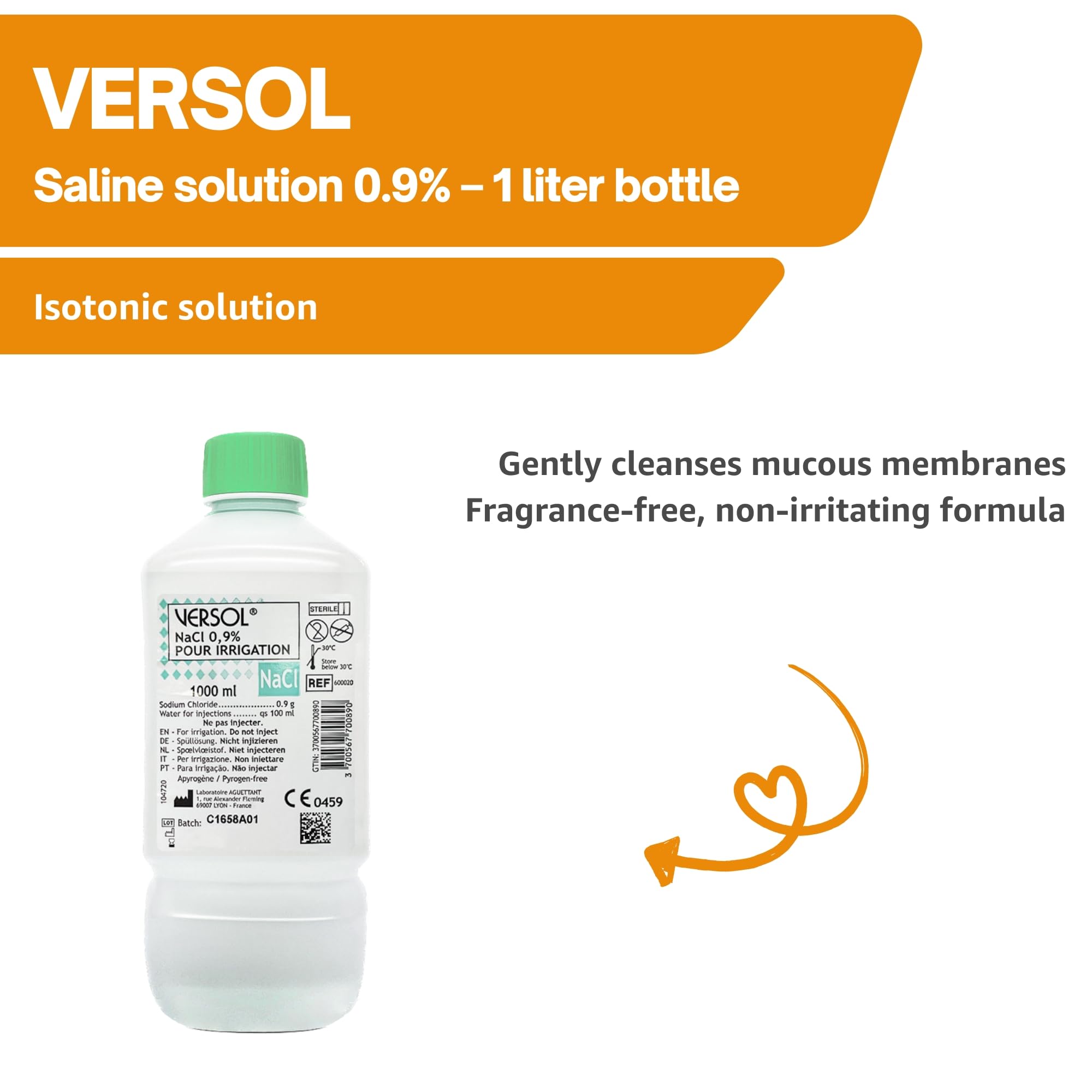 VERSOL NaCl 0,9% – Solución salina fisiológica estéril 1 L – Para higiene nasal, limpieza de heridas y cuidado diario – Apta para bebés, niños y adultos