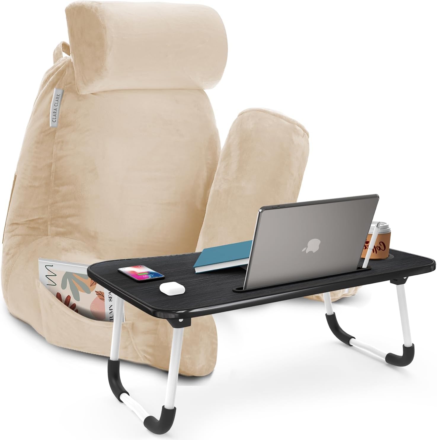 Clara Clark Reading Pillow with Portable Lap Desk for Laptop Set, Back Pillow for Sitting Up in Bed, Memory Foam Back Support Pillow, Bed Rest Pillow with Foldable Laptop Desk, Large - Green