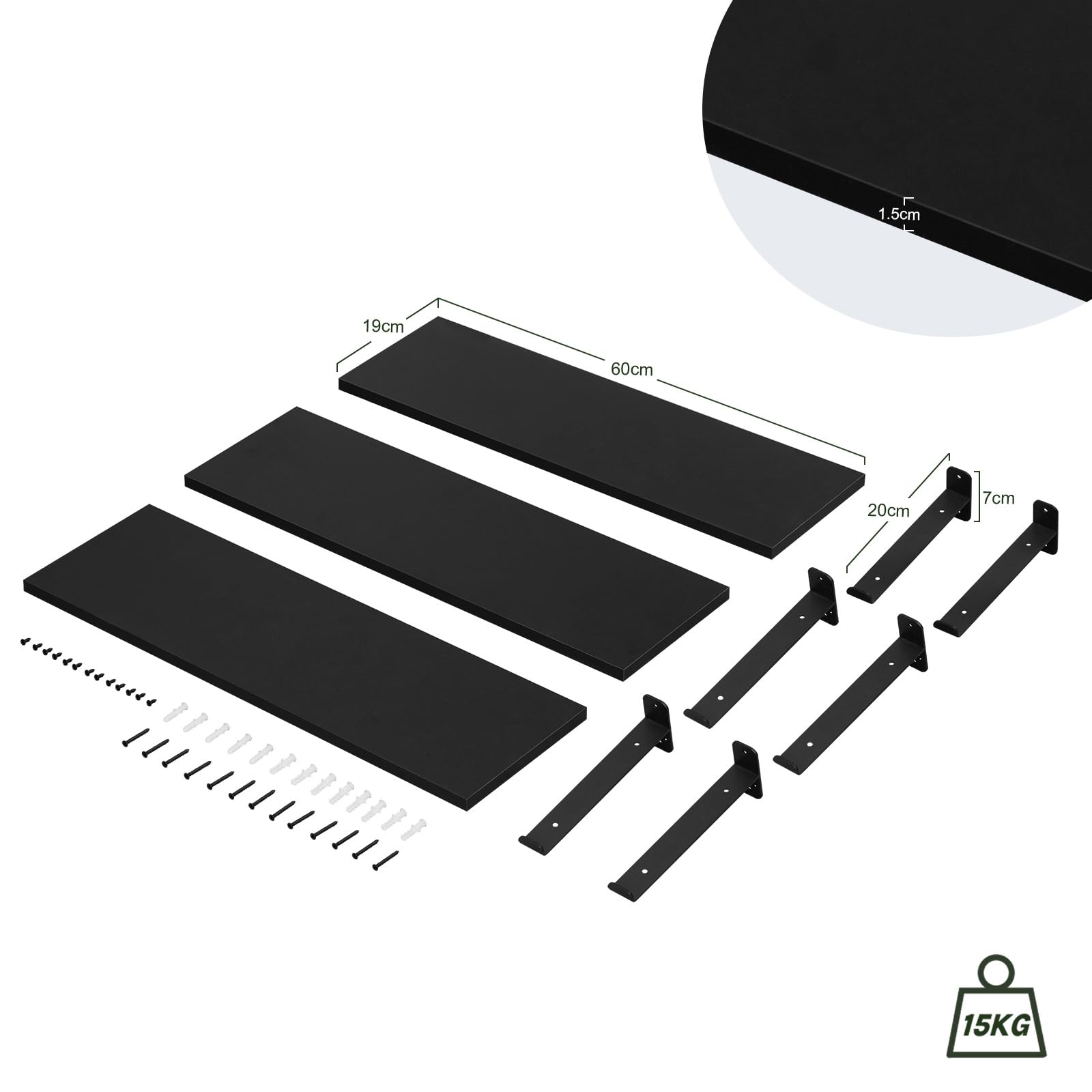 EUGAD Wandrek, set van 3, zwevende planken, 60 cm, zwart, planken voor EUGAD Wandrek, set van 3, zwevende planken, 60 cm, zwart, planken voor