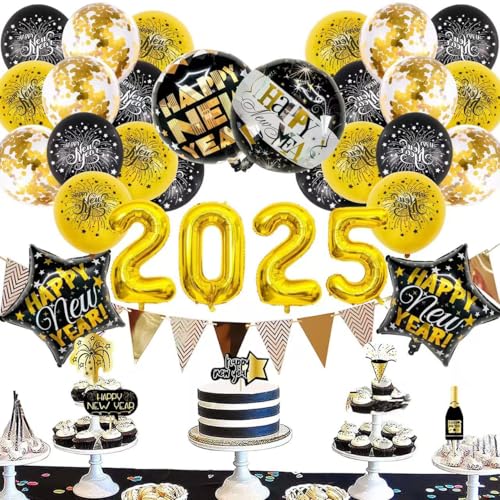 2025 New Years Eve Party Supplies - Set of 42 Black & Gold Decorations: Balloons, Cupcake Toppers, Confetti, Banner