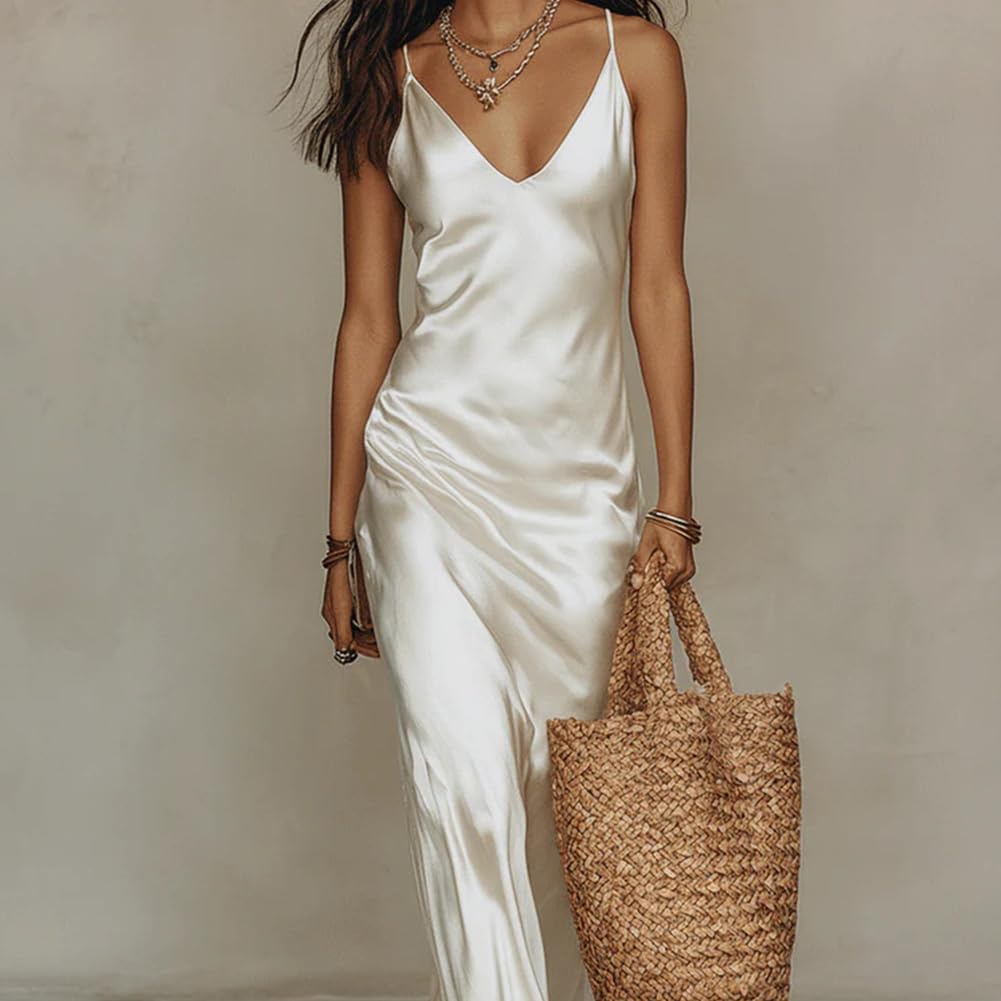 Générique Ensembles D'été 2 Pièces Pour Femmes : Hauts En Maille À Col En V Et Robes Maxi En Satin, Parfaits Pour Les Invitées De Mariage Et Les Soirées