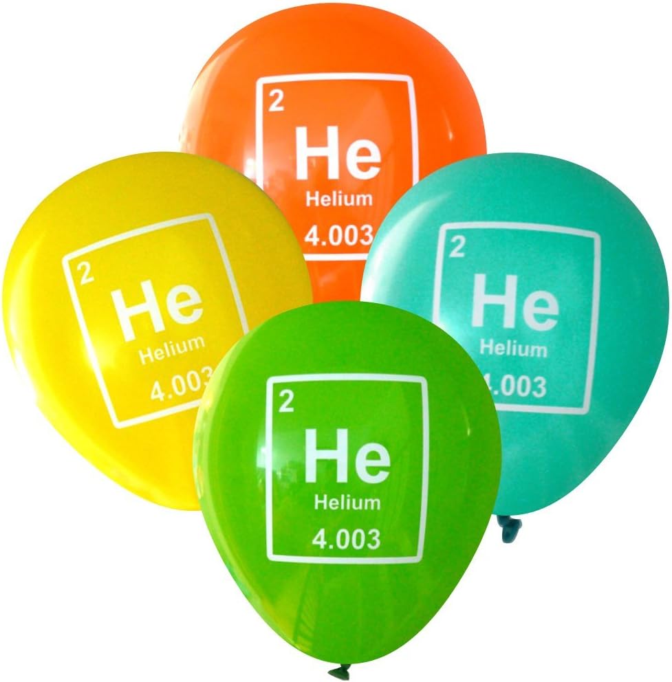 Helium (He) Periodic Table Element - Mad Science Party Balloons (16 pcs, 2-Sided) by Nerdy Words (Orange, Yellow, Aqua, Lime)