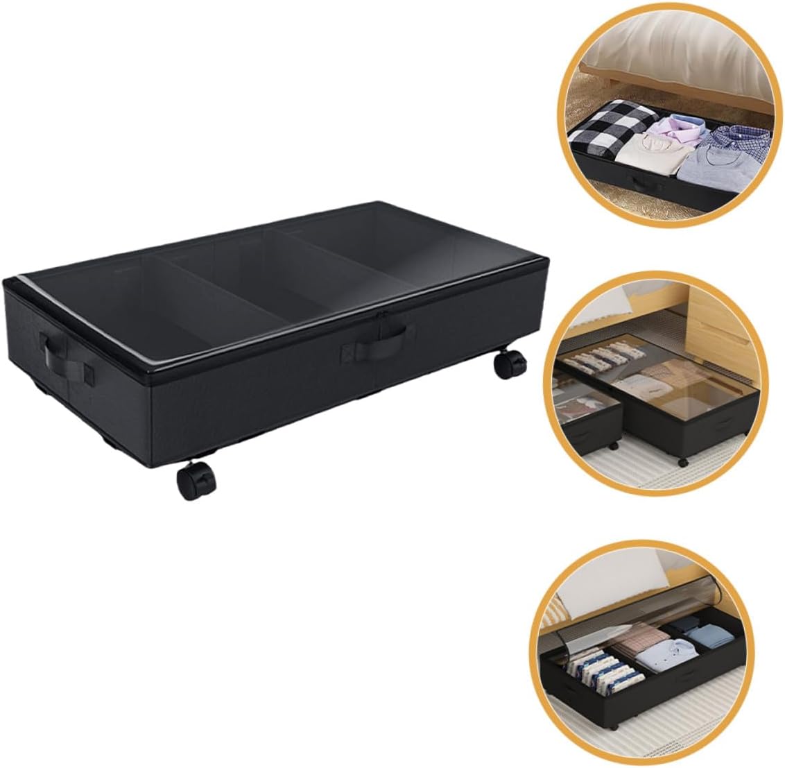 FUOYLOO Bed Storage Organizer with Wheels, 3-grid Oxford Cloth Clothes Box, Large Capacity Dustproof Storage Cart for Bedding, and Sheets