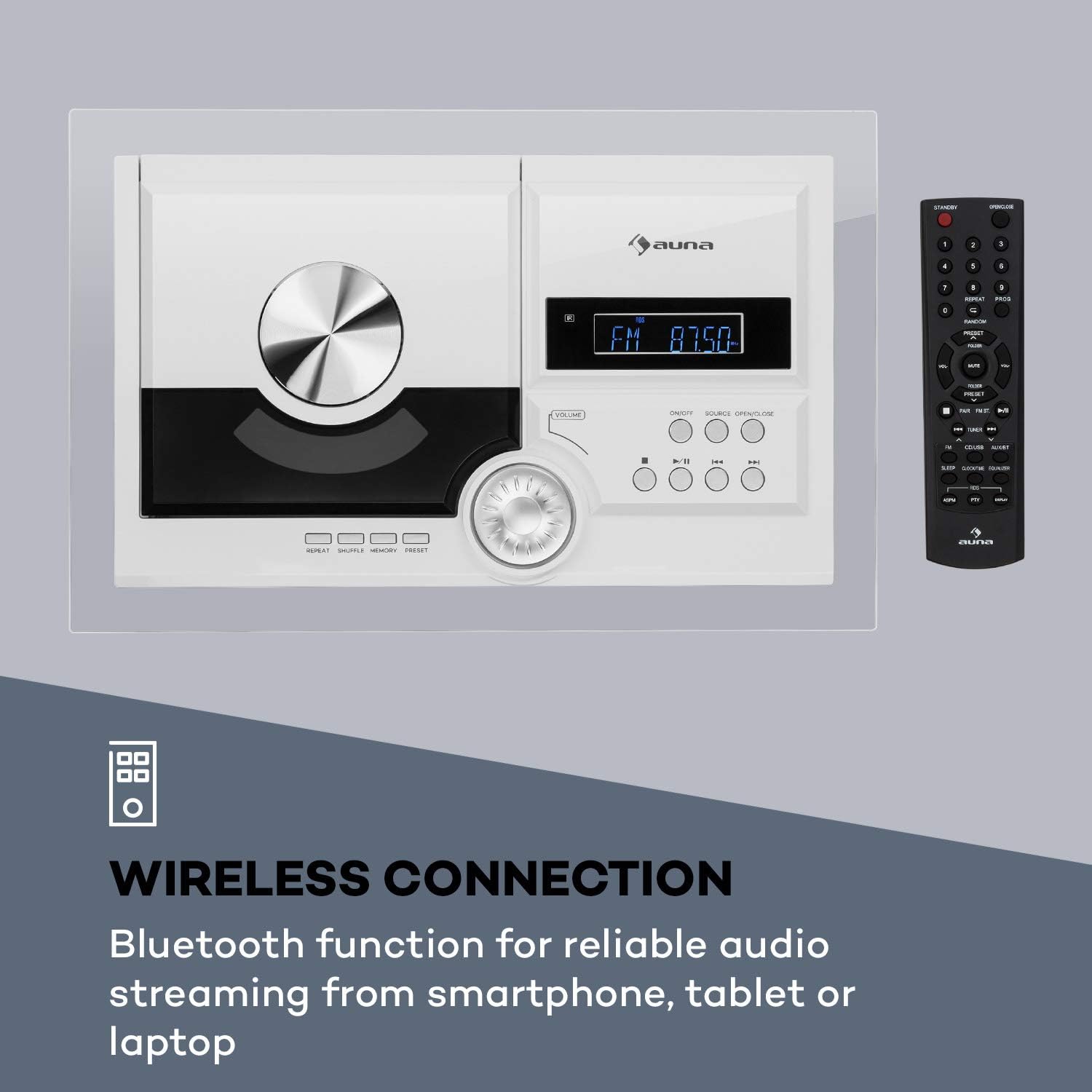 AUNA Stereosonic Microsystem, Shelf Stereo System, Micro System, 2 Stereo Speakers, Front-Loading CD Player, FM Tuner, Bluetooth, Wireless Connection, USB Port, Incl. Remote Control, White