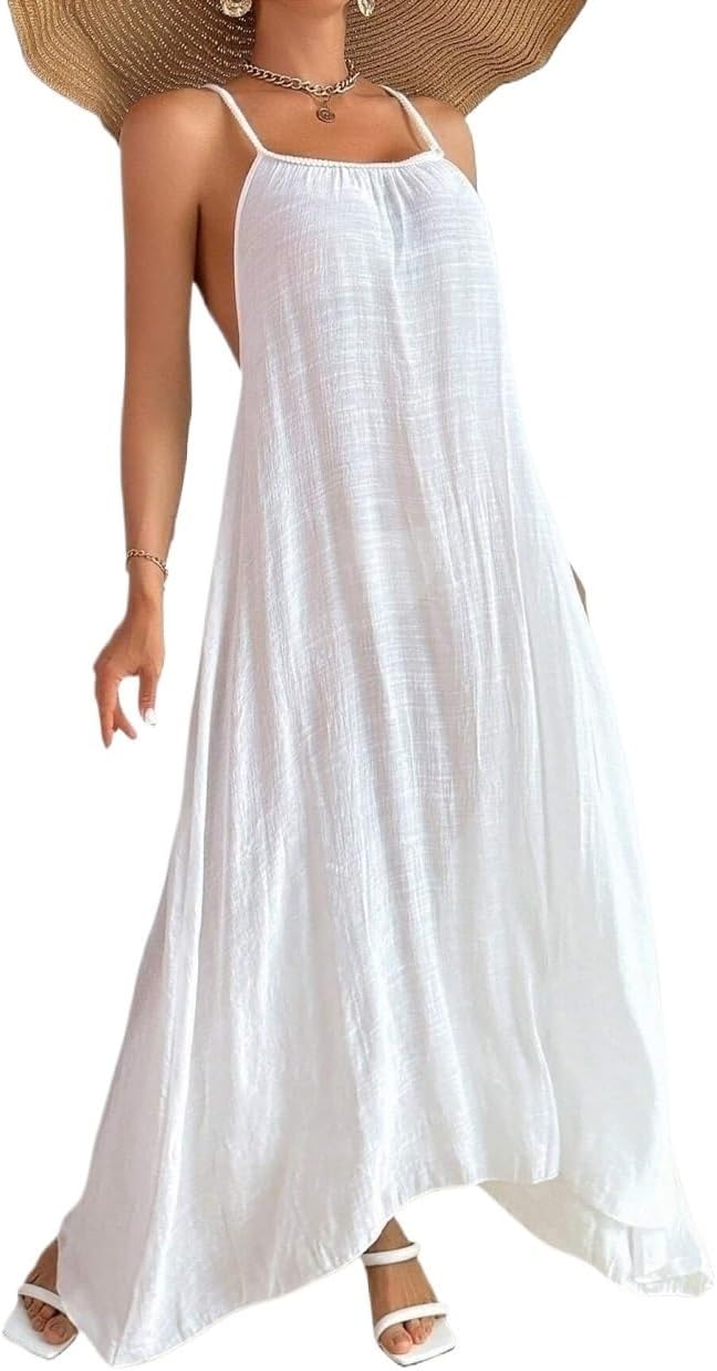 Womens Summer Beach Solid Color Backless Neck Extra-Long Cover-Up Dress cover ups for swimwear