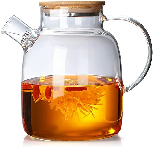 Tetera de vidrio apta para estufa y microondas, tetera de borosilicato de vidrio con boquilla de filtro extraíble, tetera de vidrio de 67.7 onzas