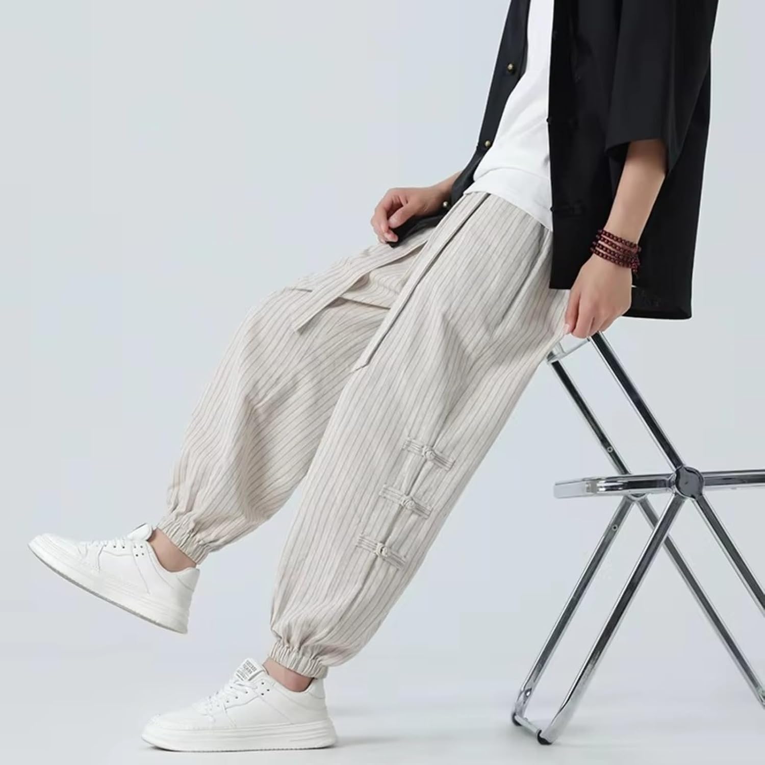 Men Casual Pants Vintage Cotton Linen Pants Male Streetwear Stripe Trousers Male Oversize Harem Pants Spring