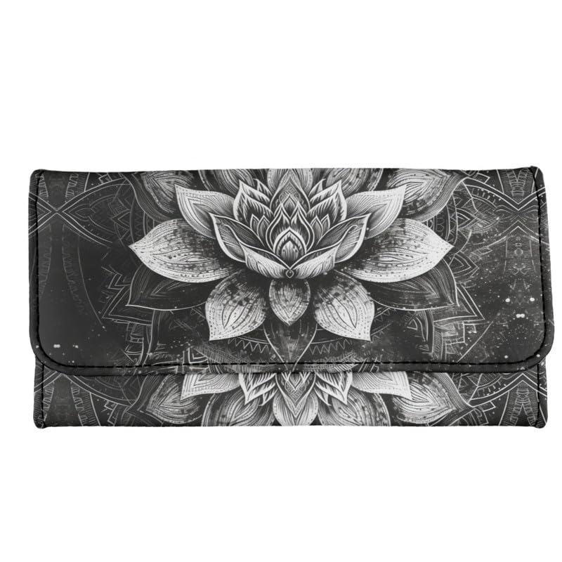 Lotus Mandala Women PU Leather Tri-fold Wallets Black And White Sketch Flower Zipper Pocket Buckle Money Manager Starry Sky Tall Billfold Secretary Cash Wallet2