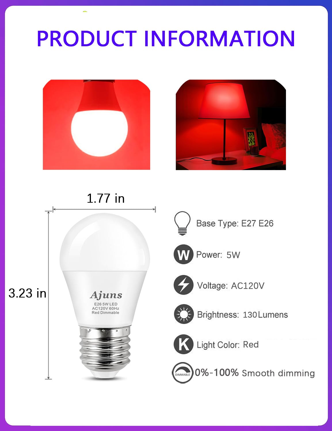 Bombilla LED roja para dormir regulable, 100 % de bloqueo de luz azul, 630 nm, bombillas rojas de melatonina, A15 5 W E26, dormitorio, habitación del bebé, paquete de 4