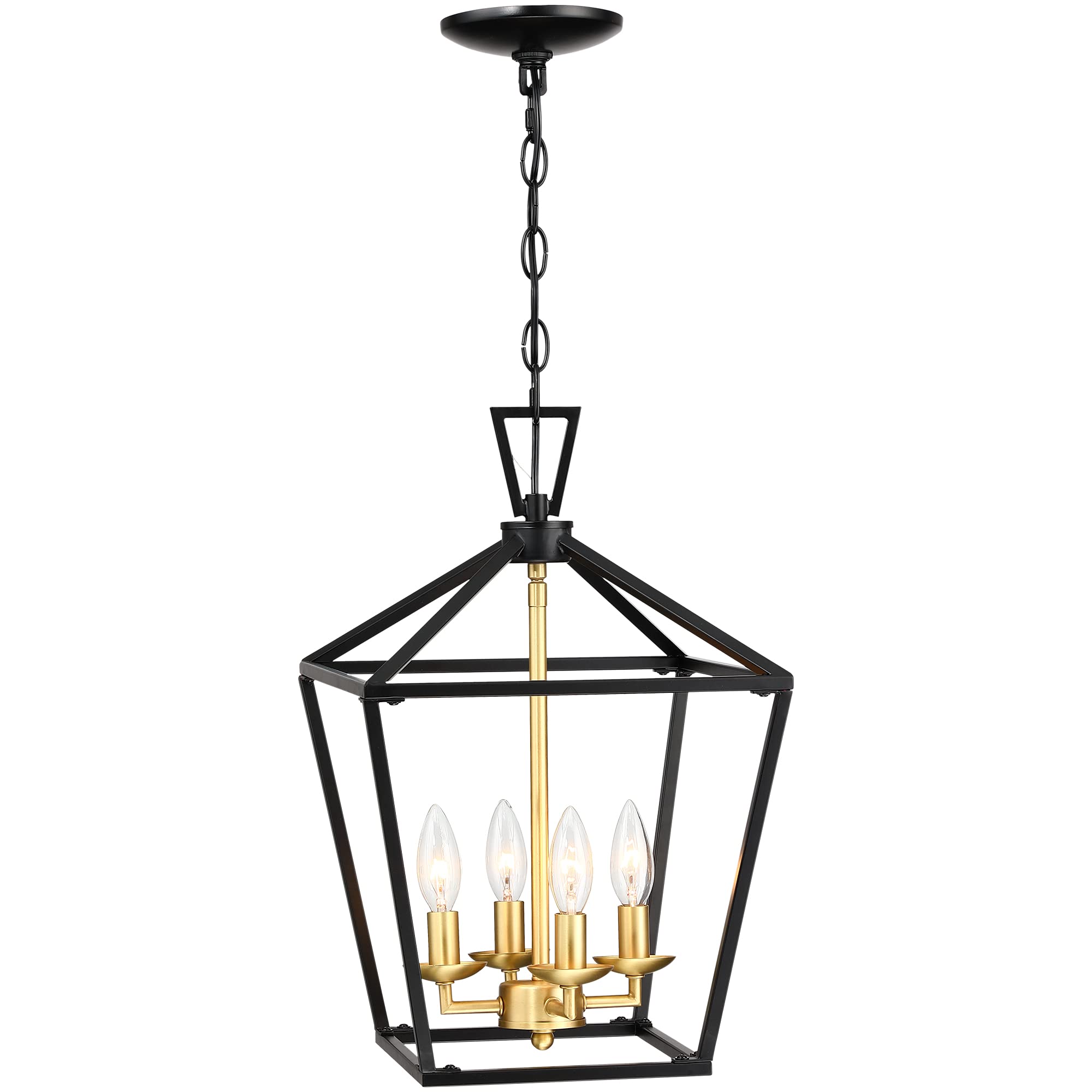 Untrammelife 4-Light Black and Gold Brushed Brass Kitchen Pendant Light Modern Geometric Chandelier Adjustable Chain Cage Hanging Fixture for Foyer Dining Room