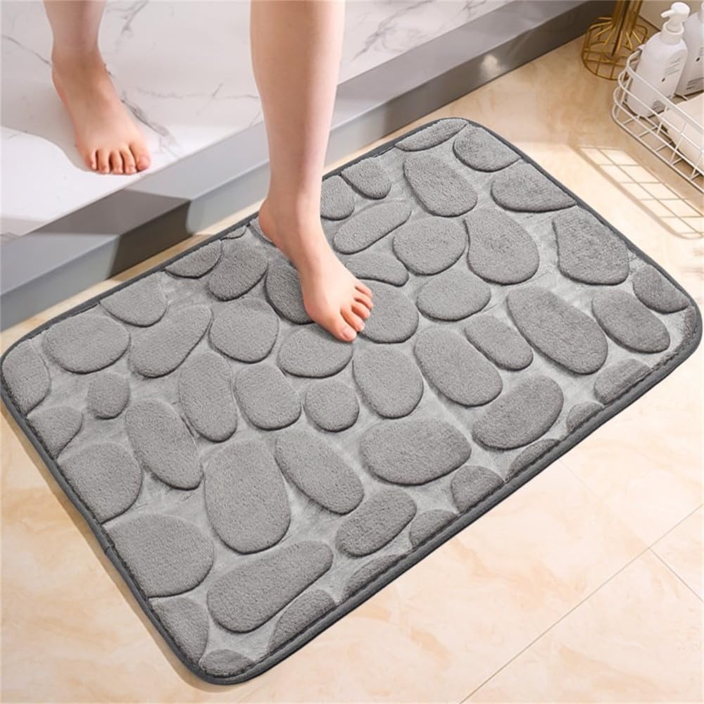 1PC Tappeto in ciottoli di velluto goffrato, assorbente d'acqua e antiscivolo, lavabile, in cotone memory, per bagni interni, grigio chiaro, 400MMx600MM