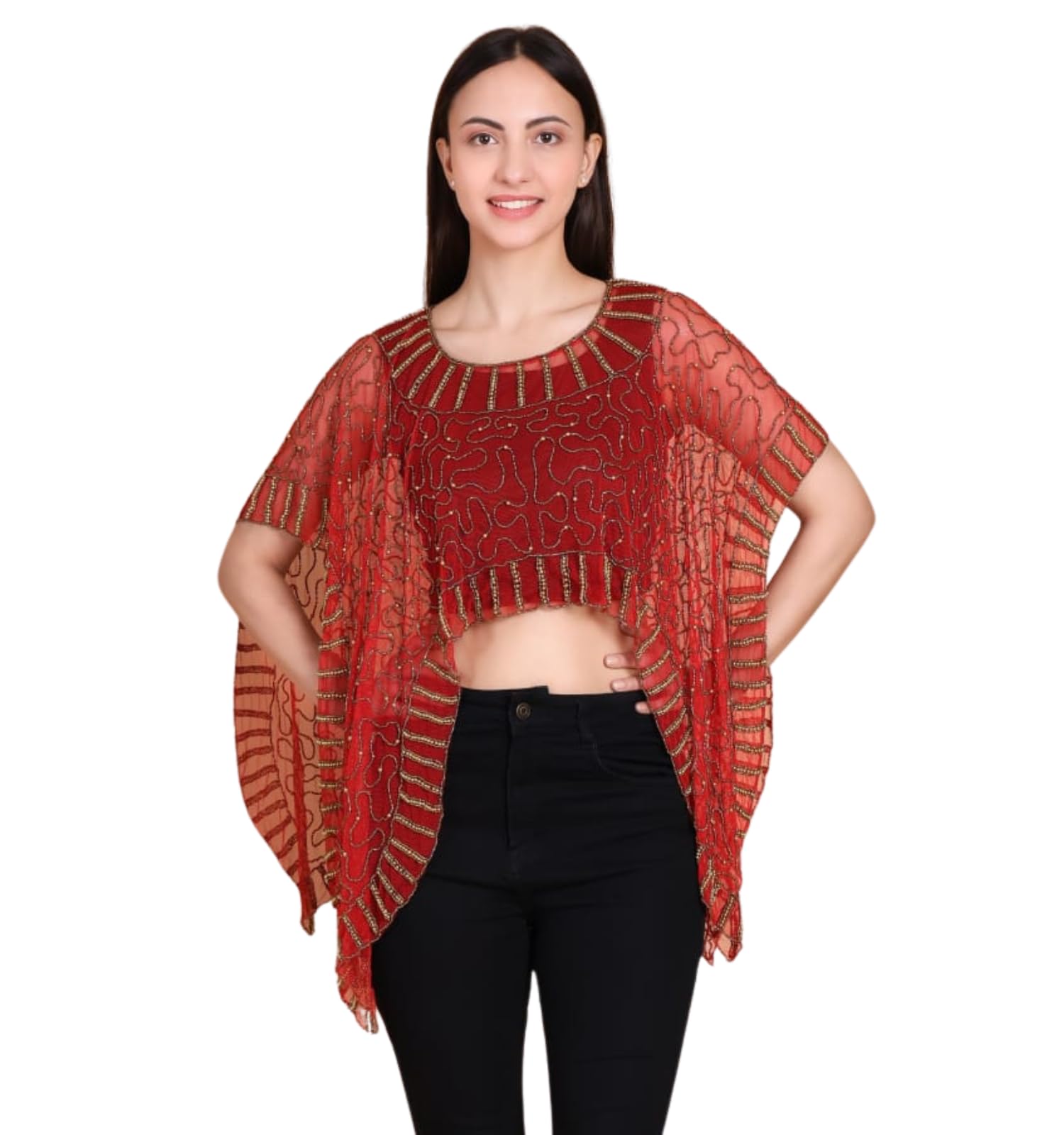 aqsa collection Women's Red Sequin Embroidered Cape Poncho | Stylish Net Shrug Crop Top | Elegant Designer Western Outfit for Party-picture-12
