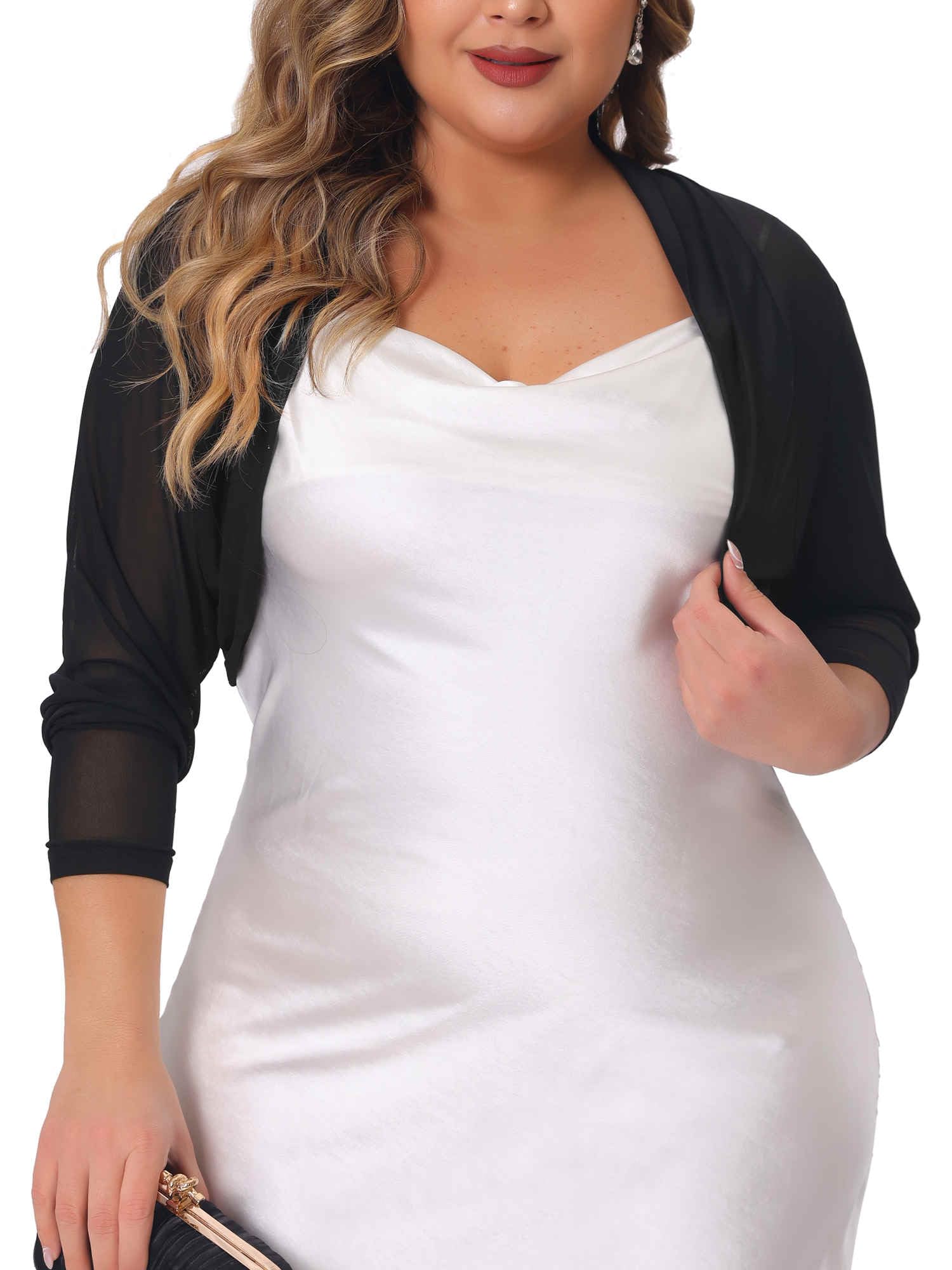 Agnes Orinda Plus Size Mesh Crop Cardigans for Women Long Sleeve Open Front See Through Sheer Bolero Shrug