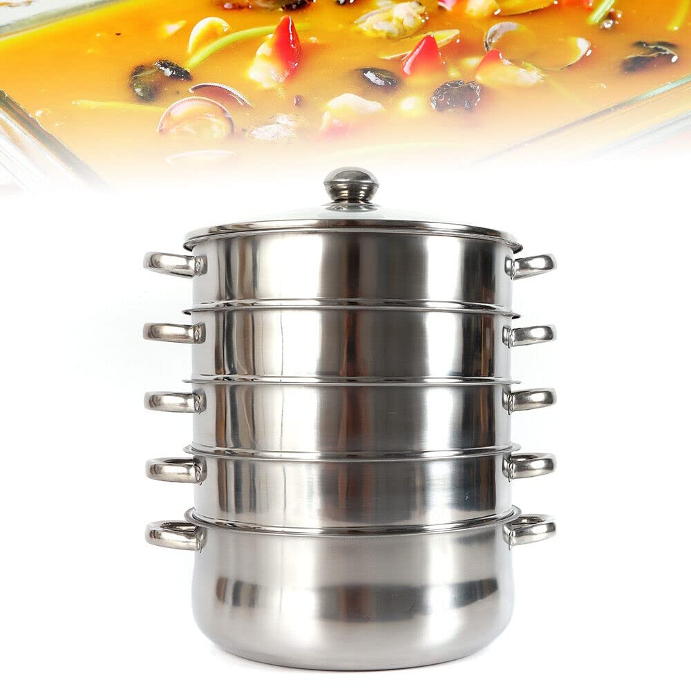 Fornello a vapore a 5 strati, 30/28/26 cm, in acciaio inox, con coperchio in vetro, pentola a vapore a induzione, pentola a vapore per la casa (30 cm)