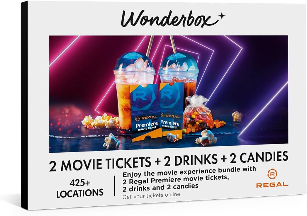 WONDERBOX - Regal Movie Gift Box – 2 Tickets, 2 Drinks & 2 Candies – Movie Night Experience for 2 – Valid at 425 Regal Locations in The US