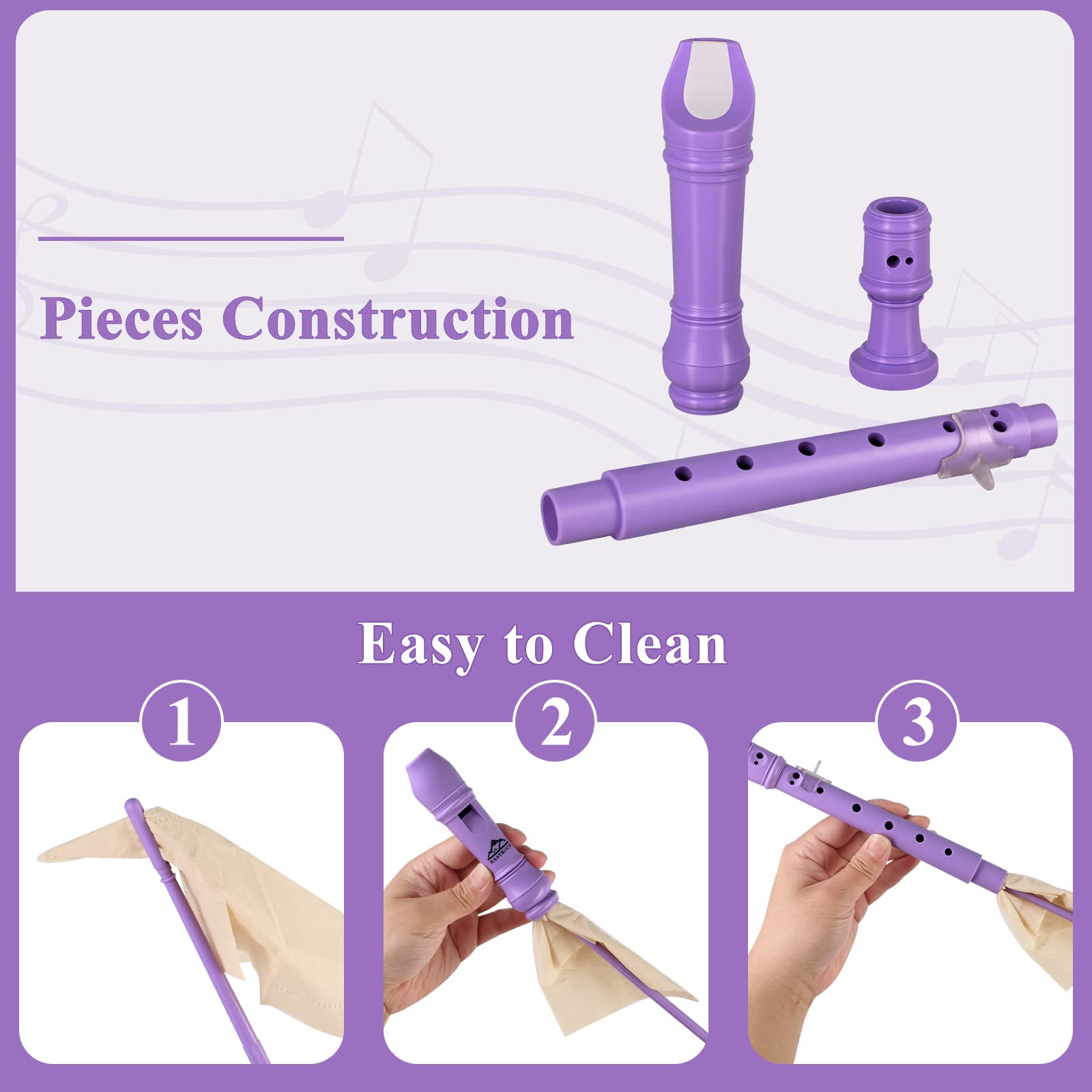 Eastrock Flûte à bec Instrument de style allemand Soprano Flûte à bec 3 pièces pour débutants avec tableau des doigts, sac d'emballage, repose-pouce, Violet