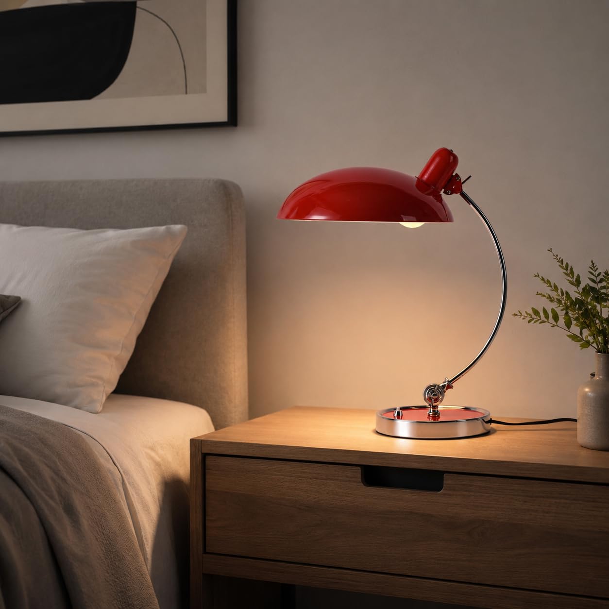 Alpinaluz Flexo de Mesa Bauhaus E27 Rojo y Cromo Metal Ø29 cm | Pantalla roja giratoria, brazo cromado ajustable e interruptor en base para escritorio, despacho, lectura o mesilla
