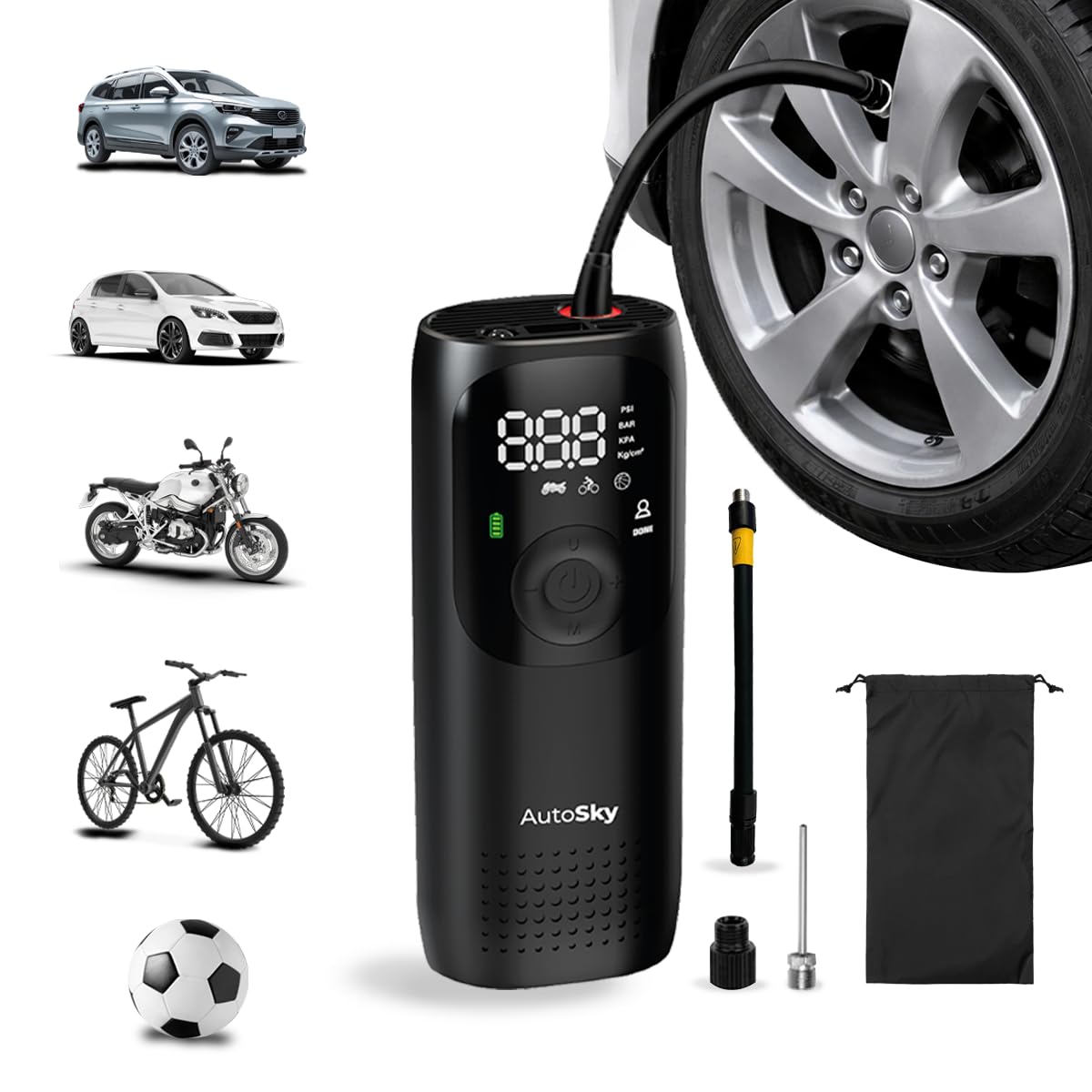 AUTOSKY - Compresor de aire portátil, inflador rápido de neumáticos para coches, bicicletas, bolas, con linterna, USB-C y USB-A, compacto y recargable