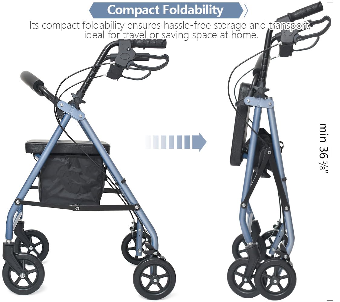 Andador plegable con asiento acolchado, frenos bloqueables, mango regulable en altura, 4 ruedas